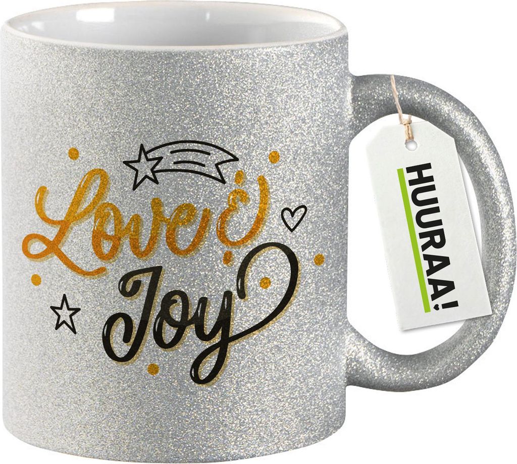 Huuraa Glitzertasse Love & Joy Schriftzug 330ml Silber Keramik Kaffeebecher Geschenkidee