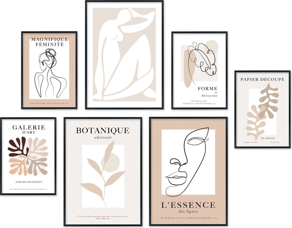 Hyggelig Home Premium Poster Set - 7 passende Bilder OHNE RAHMEN im stilvollen Set 3 x DIN A3 + 4 x DIN A4 - Set Madame, Option:mit Rahmenset schwarz