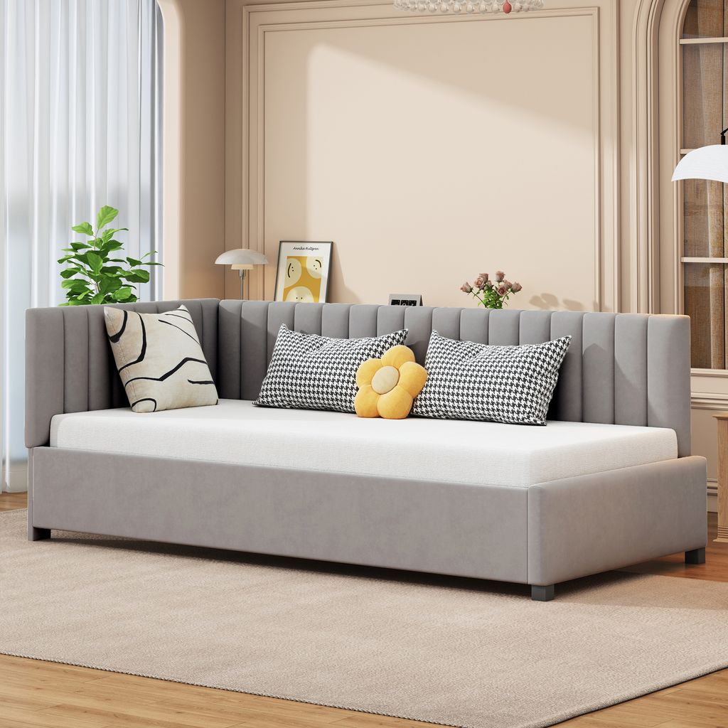 Merax Tagesbett 90x200cm Schlafsofa mit Lattenrost, Samt Polsterbett Kinderbett Daybett Sofabett mit Armlehnen, Grau