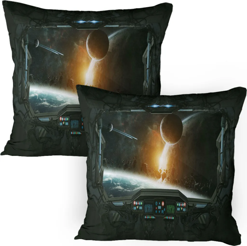 Housse de Coussin Décorative 80x80 cm Imprimé Planète Navette Spatiale