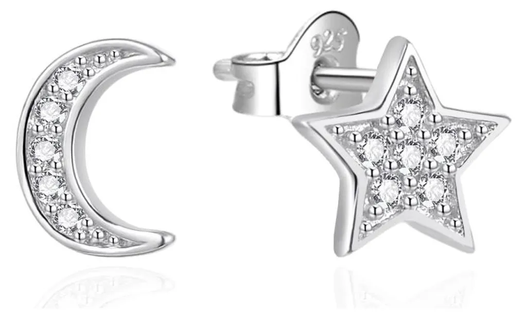 Boucles d'oreilles asymétriques lune et étoile argent AGT-E019PW chic