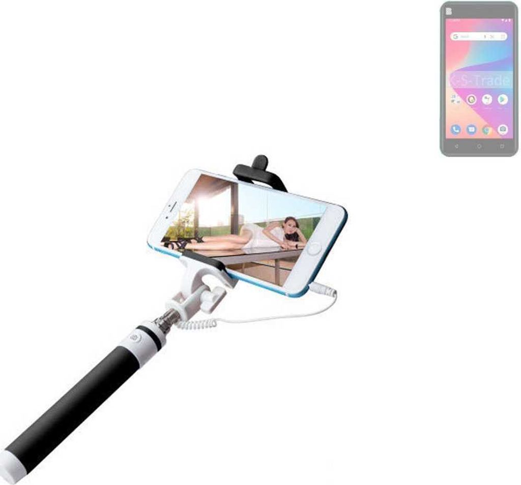 K-S-Trade Selfie Stick kompatibel mit BLU Studio X10L 2022 Selfiestick kabelgebunden Monopod mit Kabel Stab Stange Selfportrait Handheldstick schwarz