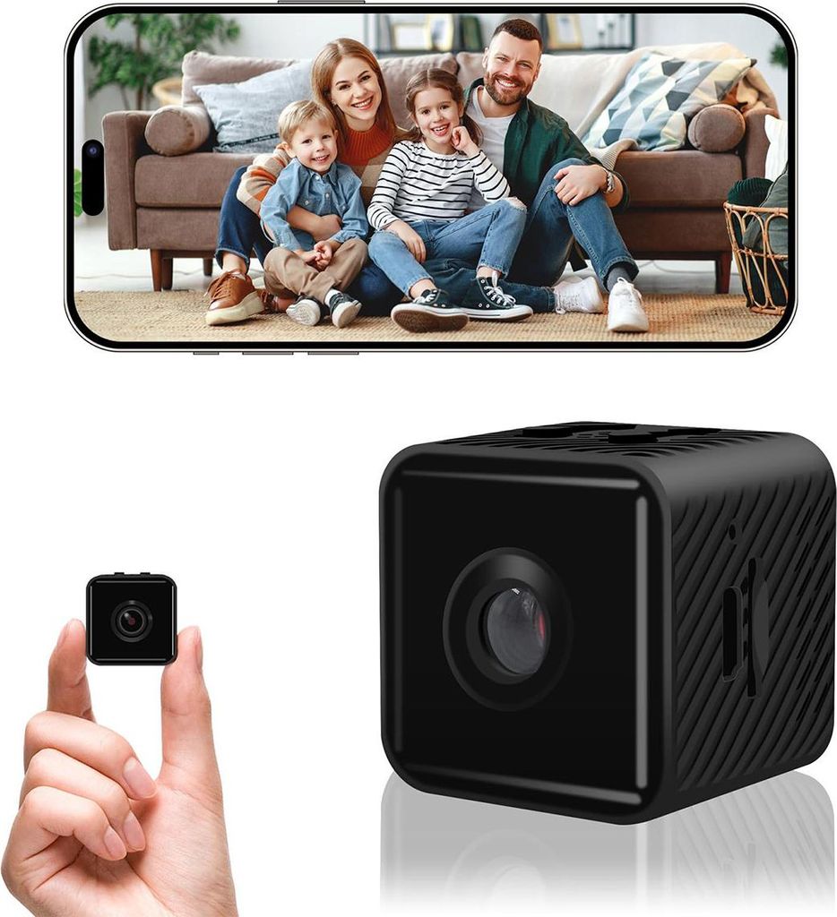 A collage showing a family photo on a phone screen and a small black cube-shaped camera.