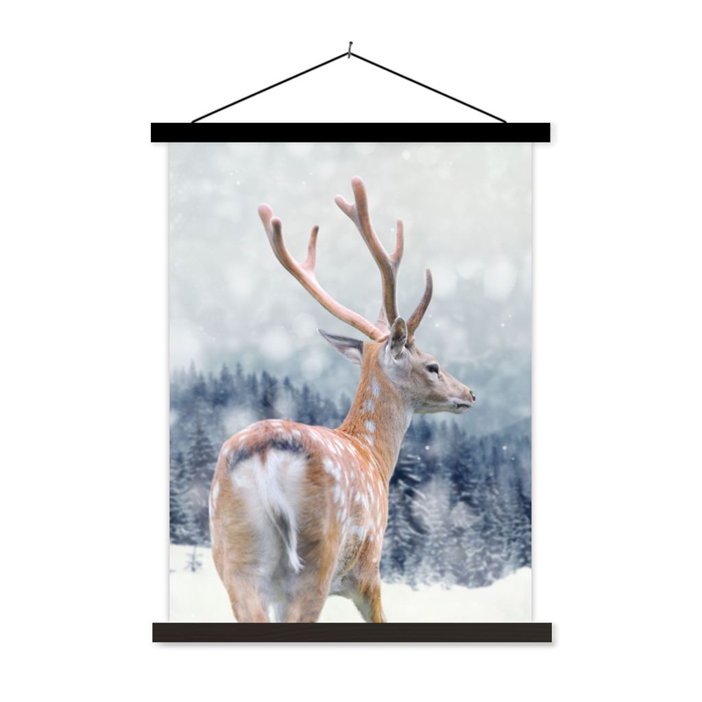 MuchoWow Textilposter Winter - Hirsche - Tiere 120x160 cm mit schwarzem Rahmen - Magnetischer