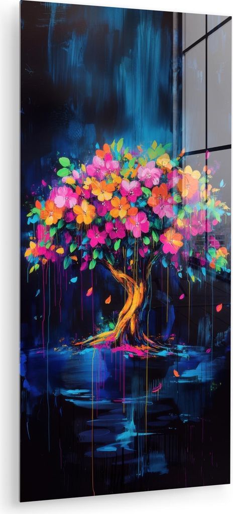 MuchoWow Glasbilder - Bilder auf Wandbild - Foto auf Glas Baum - Blumen - Magisch - Farbig 60x120 cm Wanddekoration aus Glas - Acrylglasbild - Acry...