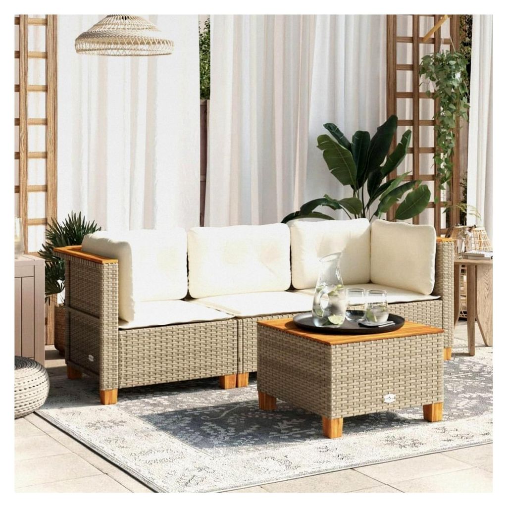 Gartensofa mit Kissen 3-Sitzer Beige Poly Rattan, Modulares Outdoor Sofa für Terrasse und Balkon, UV-beständige Lounge Couch mit Akazienholzfüß...