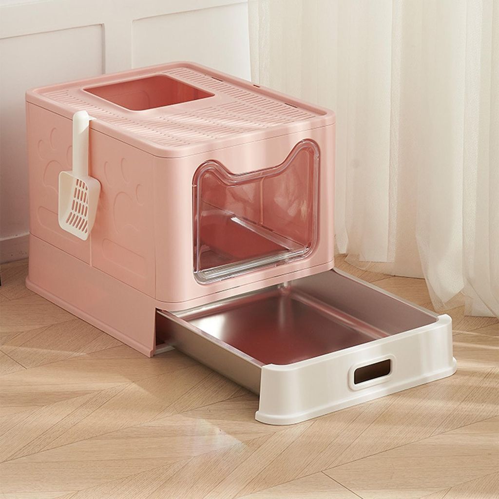 Katzentoilette,Edelstahl Katzenklo mit Deckel und ausziehbares Tablett,XL Geschlossene Katzenklo,Metall Katzenklo mit Streuschaufel 38x41x51cm (Rosa)
