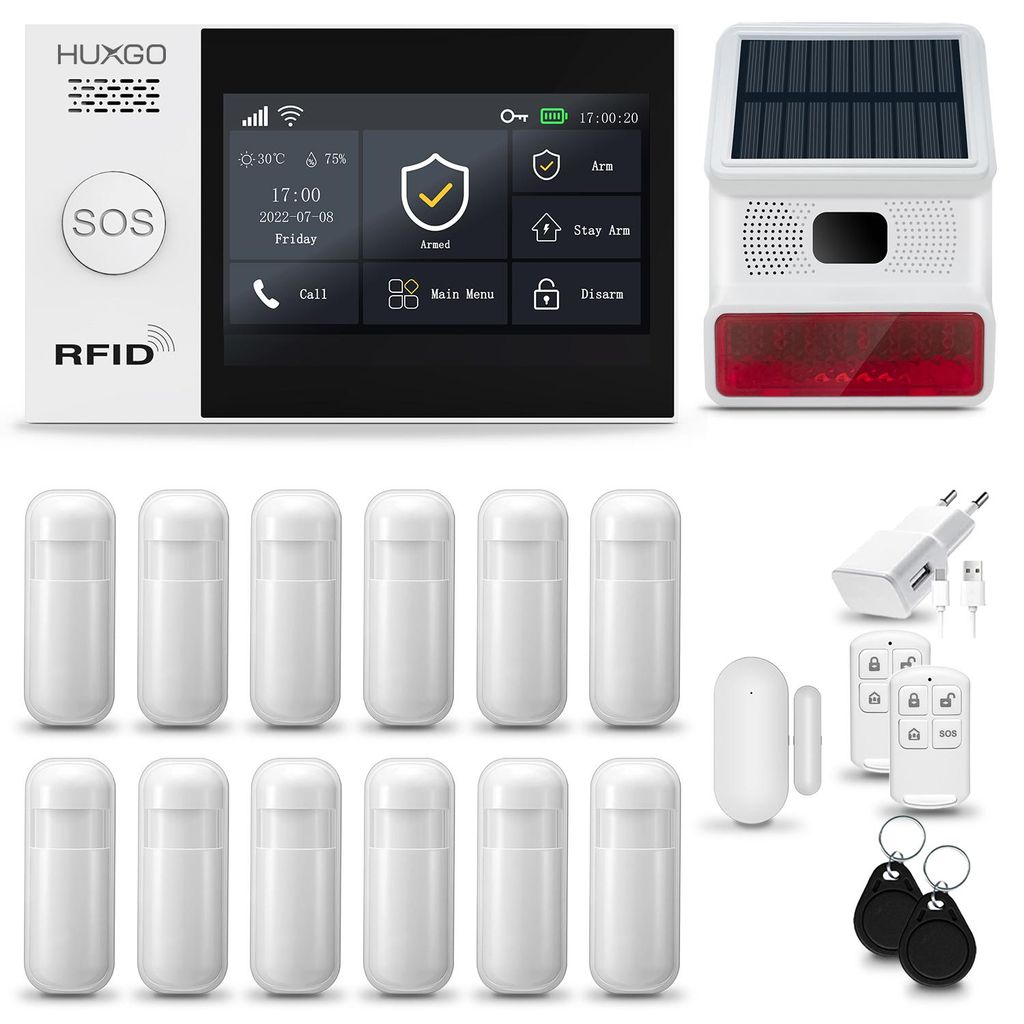 HUXGO HXA007 Alarmanlage Haus WiFi + GSM 2G mit Funk Sirene, Alarm System mit 12x Bewegungssensor und 1x Tür-Fenstersensor, Alarmanlage für Wohnu...