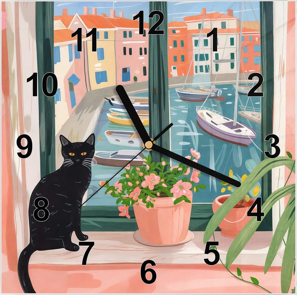Wanduhr aus Glas mit Motiv Katze am Fenster- 30 x 30 cm - inkl. Aufhängesystem