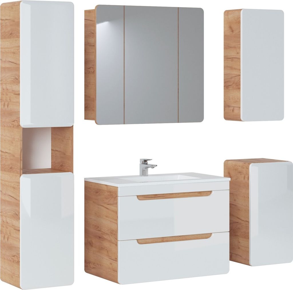 Badmöbel Set 5-tlg Badezimmerset FERMO Weiss HGL inkl.Waschtisch 80cm