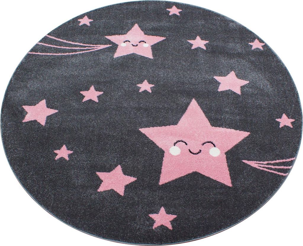 Spielteppich Sternchen Bunt Waschbar Strapazierfähig | Rund Pink 160x160 cm Spielzimmer Fußbodenheizung geeignet | TASNA – Kadima Design