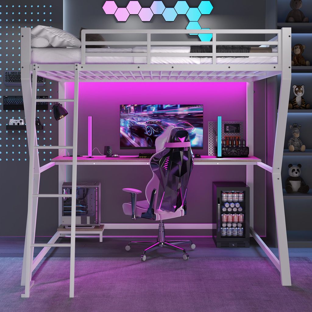 Hochbett mit LED, Schreibtisch, Konsole, Steckdose + USB, Geländer & Treppe, platzsparend, robust, weiß für Kinder & Jugendzimmer 140x200 cm