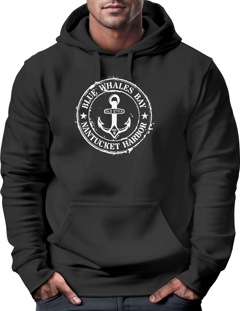 Hoodie Herren maritimes Anker Motiv Anchor Print Vintage Stil Kapuzen-Pullover Männer Neverless schwarz M