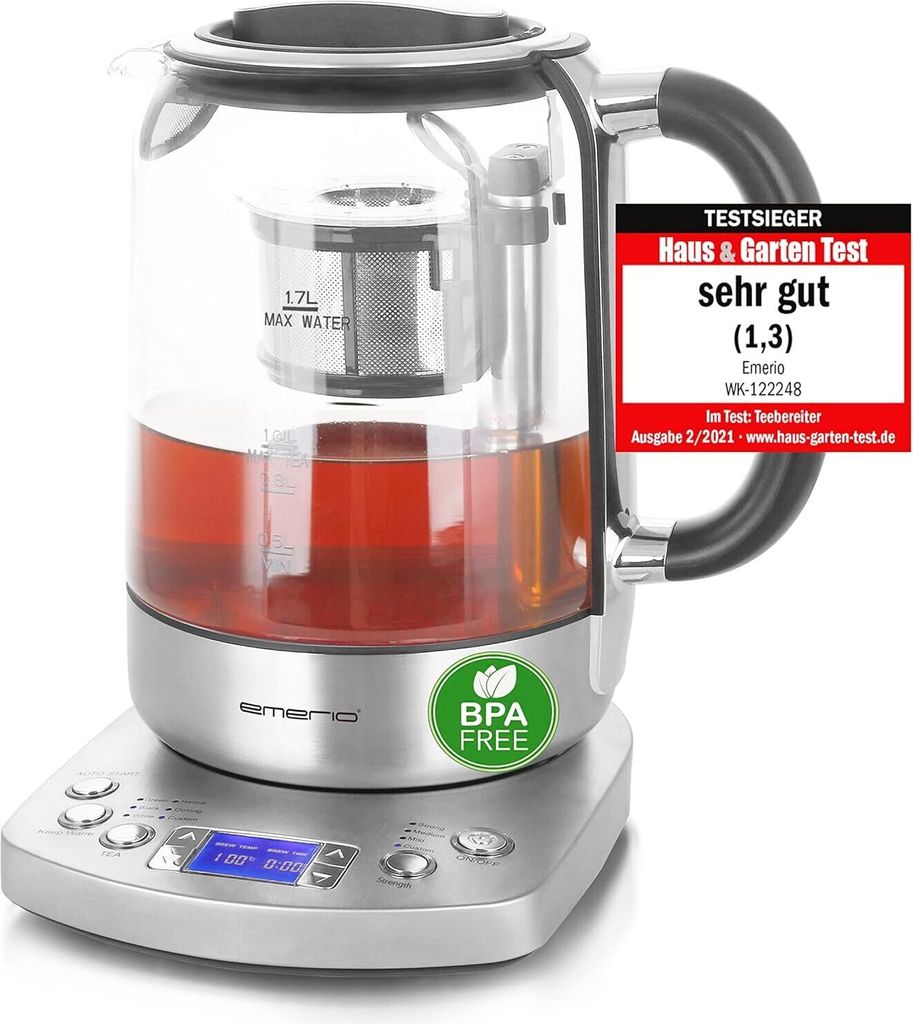 Glas Teekocher Wasserkocher mit Note 1.3 - Automatisches Teesieb, Absenkautomatik, BPA-frei, 1.7L, Temperaturwahl, 2200W, Schwarz/Silber