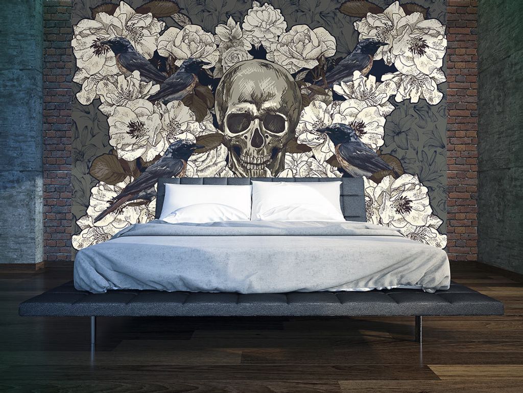 Vlies Fototapete 400x280 cm Tapeten Wandtapete XXL Blumen Vogel Totenkopf b-A-0169-a-d