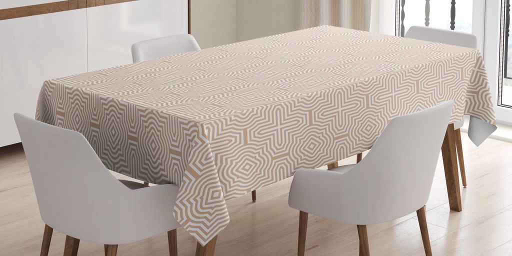 ABAKUHAUS Tan und Weiß Tischdecke, Abstraktes Maze-ähnliches Muster mit dekorativen gebogenen Linien und Rauten, 140 x 170 cm, Tan und Weiß