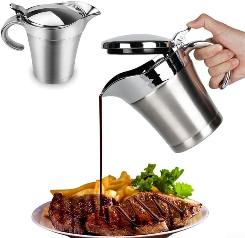 Soßenkrug, 450 ml Esstisch, Soßenkrug mit Deckel, Edelstahl-Sauciere, doppelt isolierter Krug zum Servieren von Soße, Vanillepudding (450 ml)