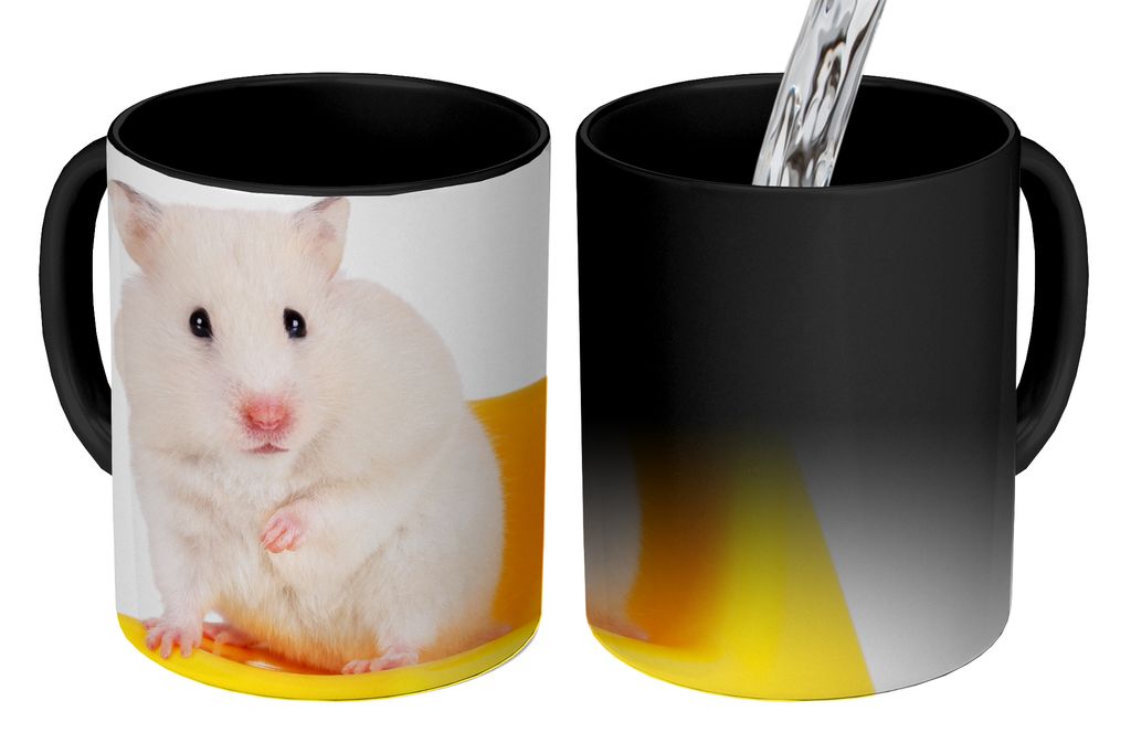 KitchenYeah Zauber Tasse Zaubertasse Magic Weißer Hamster auf einem gelben Stuhl 350 ml Farbwechsel Becher Geschenk Geschenkidee - Magic-Tasse -...