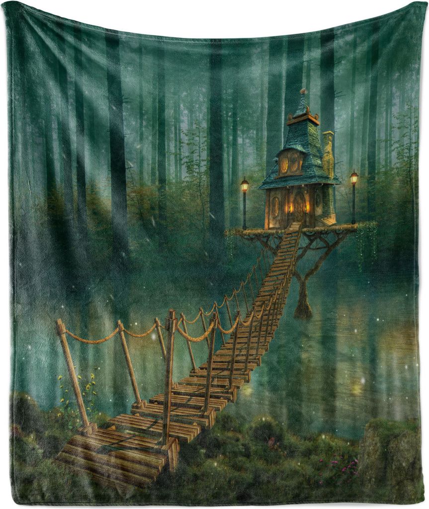 ABAKUHAUS Hütte Weich Flanell Fleece Decke, Fairy Haus und Holzbrücke auf einem Fluss in Hazy Woods Abstrakte Kunst, 175 x 230 cm, Grün Braun J...