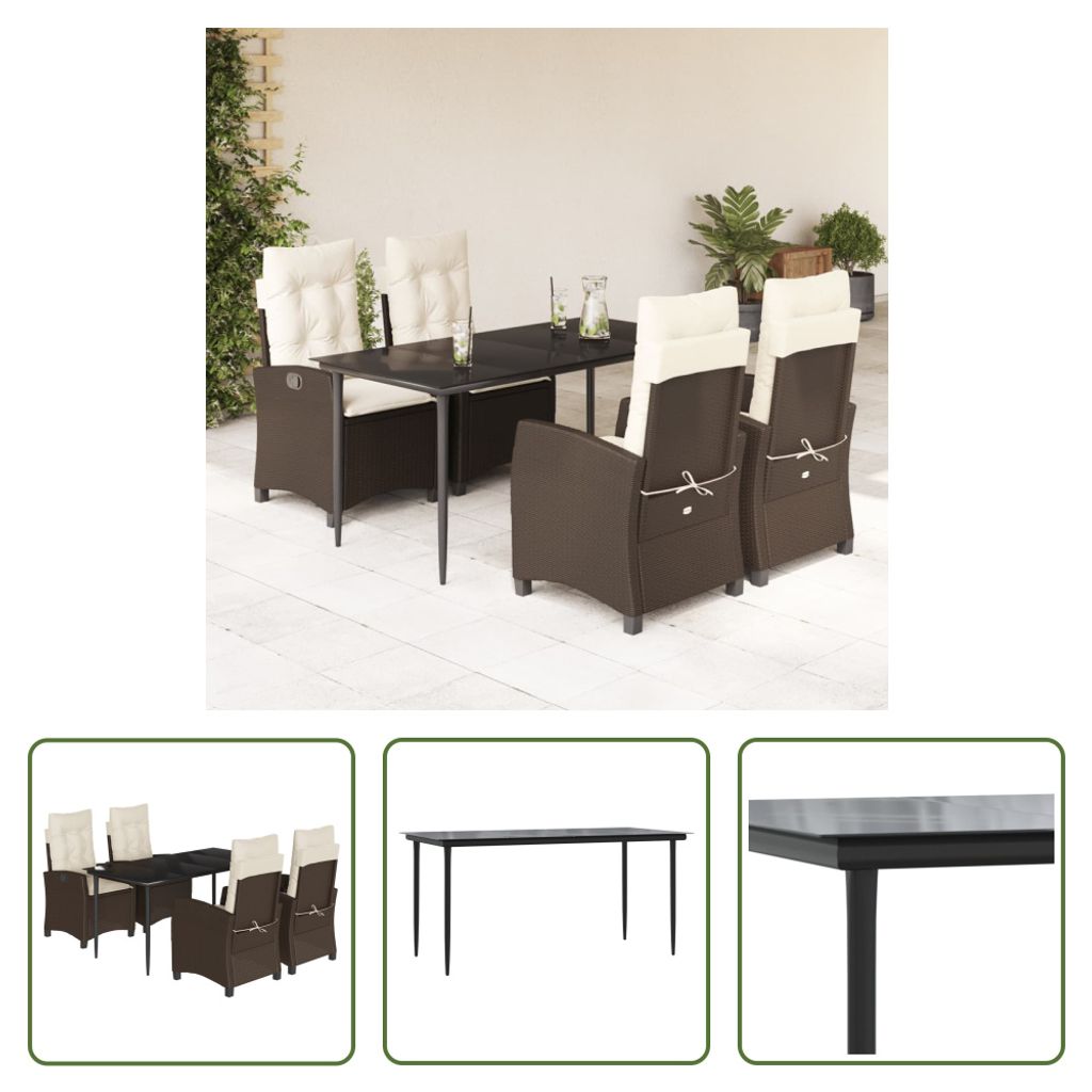 The Living Store 5-tlg. Garten-Essgruppe mit Kissen Braun Poly Rattan