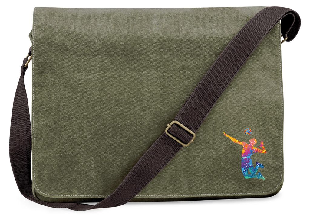 Huuraa Umhängetasche Volleyballer bunte Silhouette 14 Liter Military Green Canvas Laptoptasche Geschenkidee