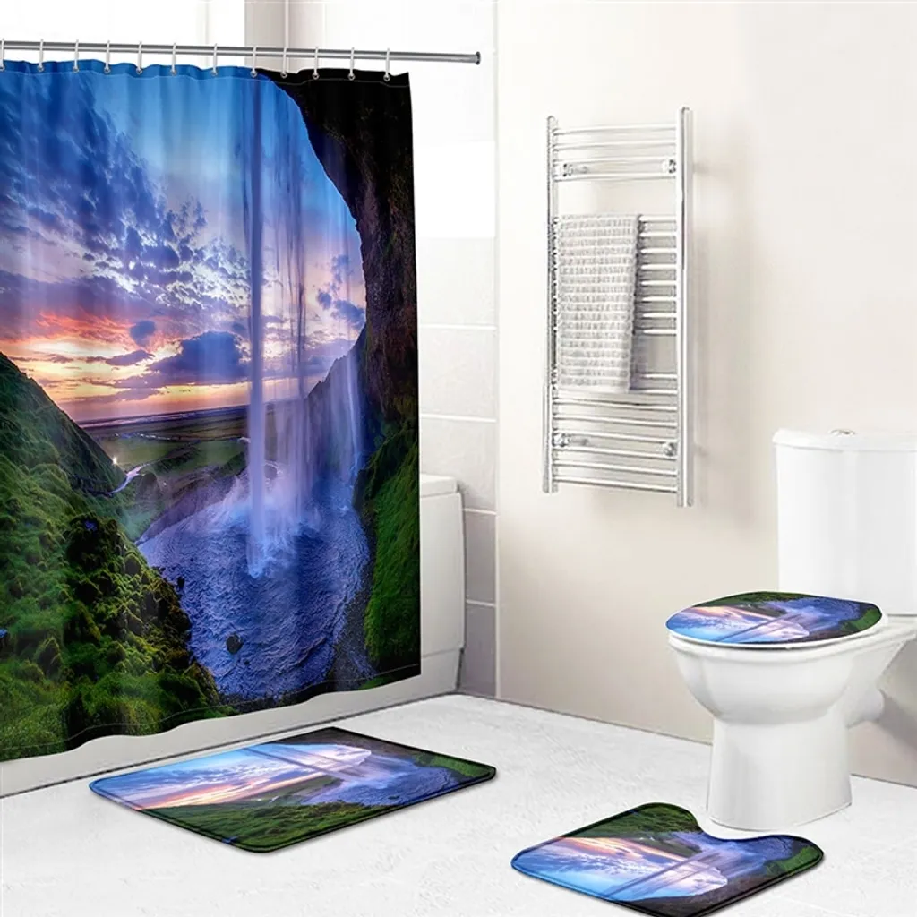 Set da 4 per il bagno con motivo spiaggia, composto da tenda da doccia impermeabile, tappetino da bagno, tappetino per il water e copriwater, stile 4