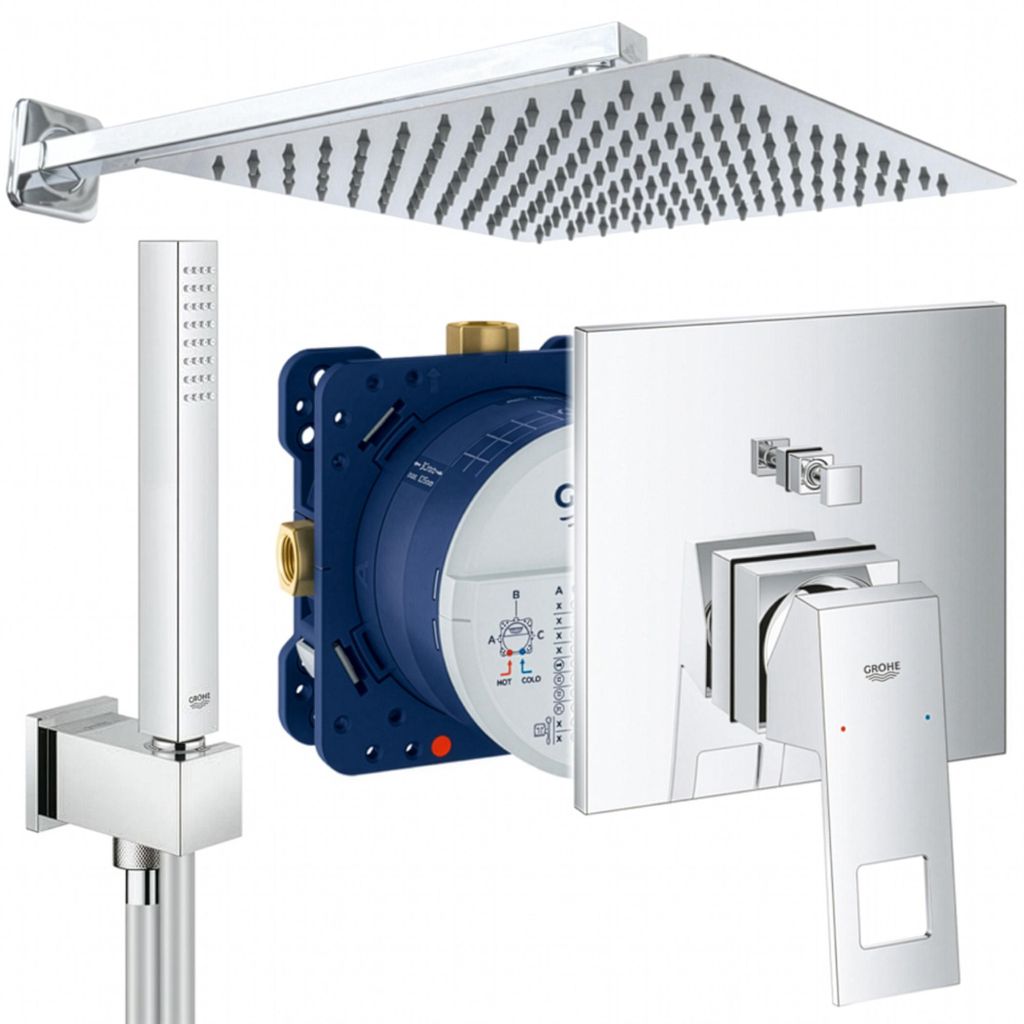 Grohe und Jowi Unterputz Duschsystem, mit Eurocube und Euphoria Cube, 300x300mm Kopfbrause