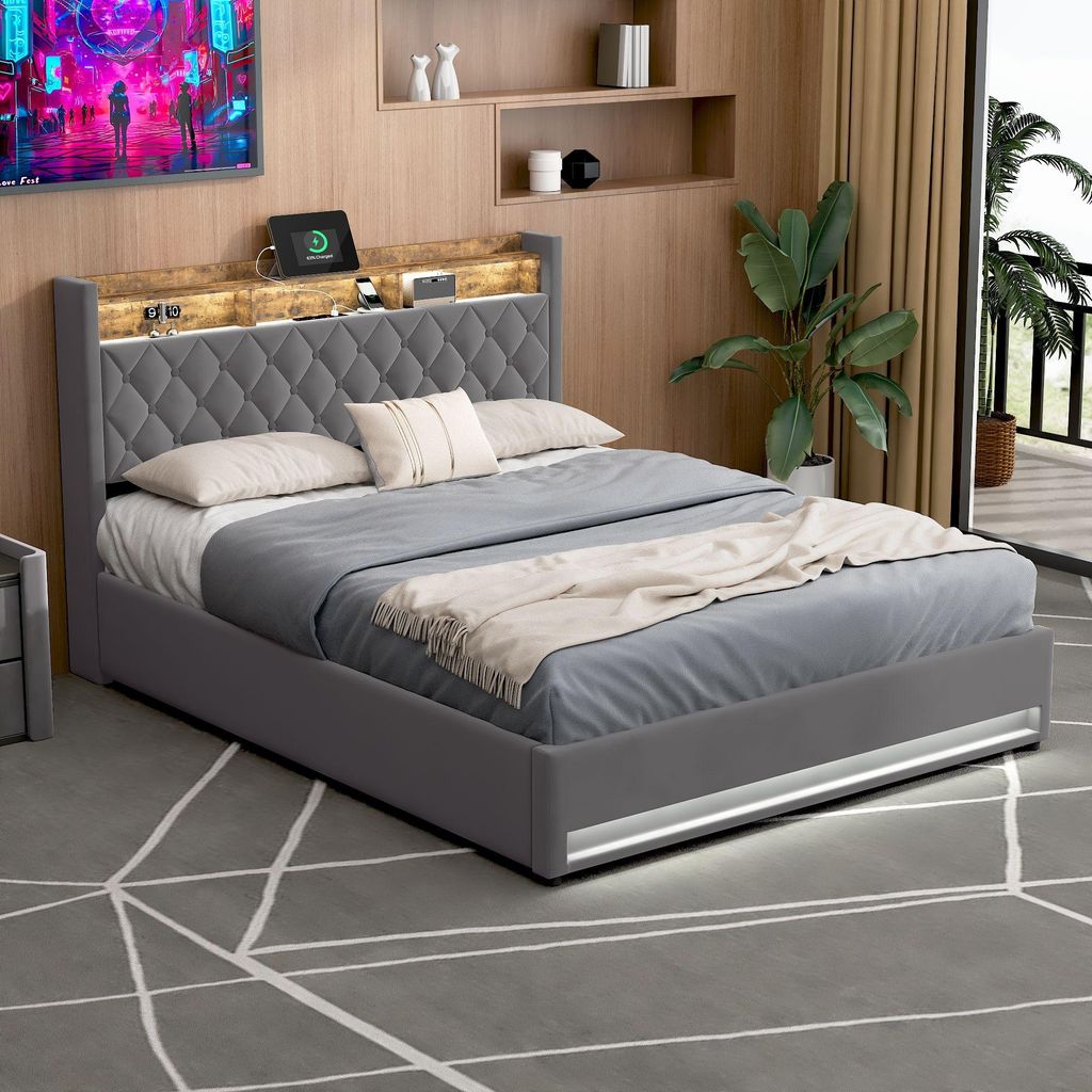 okwish Polsterbett 160×200 mit LED-Beleuchtung, USB & Produktbild 