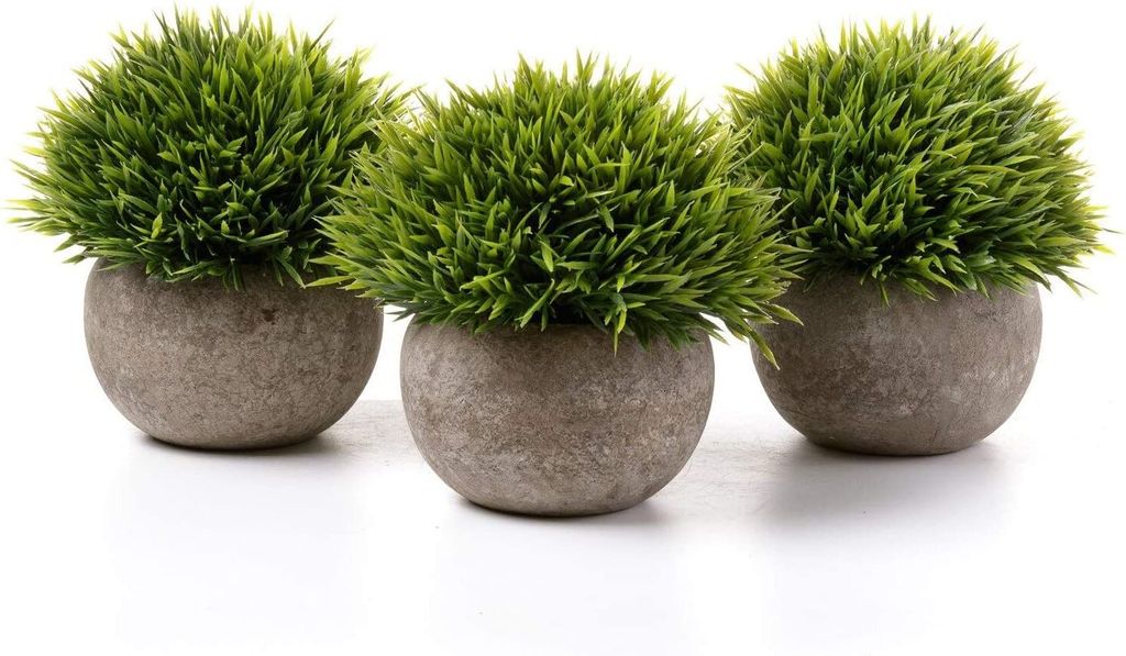 Kunstpflanze Künstliche Topfpflanze Gras Bonsai mit Topf 3er-Set klein, Zuhause Wohnung Büro Dekor Hochzeit Geburtstag Weihnachten Geschenk