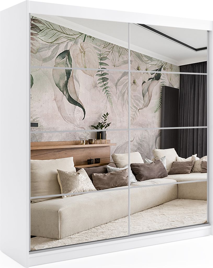 ALTDECOR Kleiderschrank mit Spiegel und Schiebetüren, kugelgelagerte Führungsschienen und Aluminium-Leisten - VIVONA - 200 cm - Weiß