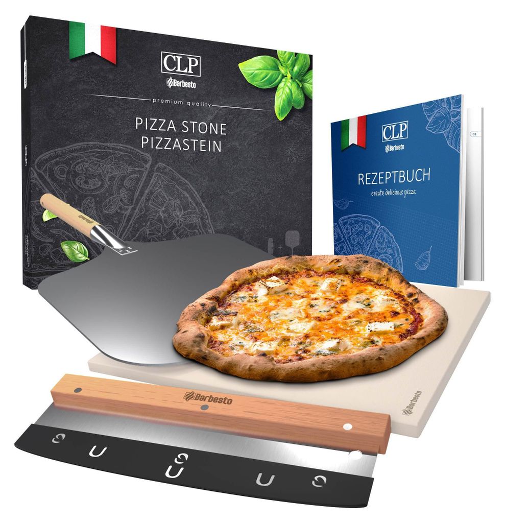CLP Pizzastein mit Rezept-Buch für Backofen & Grill 38x30 cm einzeln oder als Set,Pizzastein+Schneider+Schieber