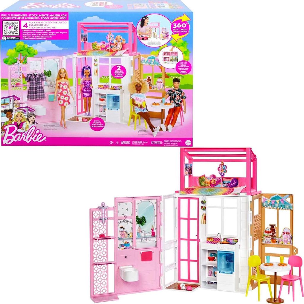 Mattel HCD47 Barbie 2-stöckiges möbliertes Spielhaus mit Zubehör (ohne Puppen) Puppenhaus Barbiehaus