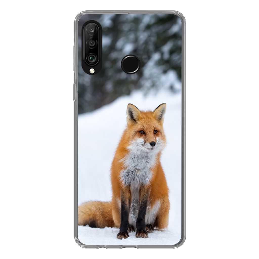 MuchoWow Handyhülle Schutzhülle Hülle für Huawei P30 Lite Fuchs - Schnee - Wald Silikon Softcase Handy Hülle - Handyhülle