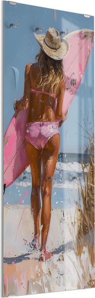 DEQORI Kleiderhaken aus Glas 50x125 cm 'Wellenritt in Rosa' Wand Garderobe Paneel Haken