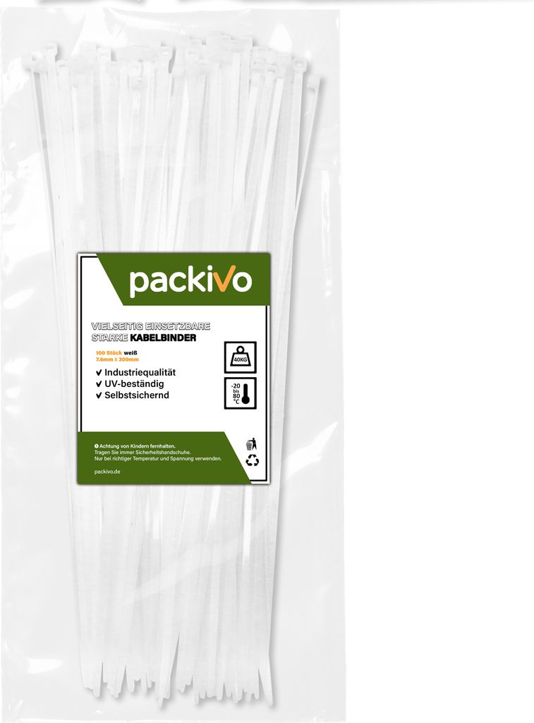 PACKIVO Profi Kabelbinder 7,6 x 300mm Weiss weiß schwarz extra starke lange Kabelbinder Industriequalität Zugfestigkeit 40Kg für Kabelmanagement...