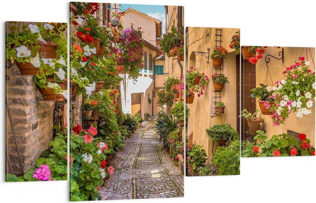 Bild auf Leinwand - Leinwandbild - Path Blumen Haus Hof - 120x70cm - Wand Bild - Wanddeko - Leinwanddruck - Bilder - Kunstdruck - Wanddekoration - ...