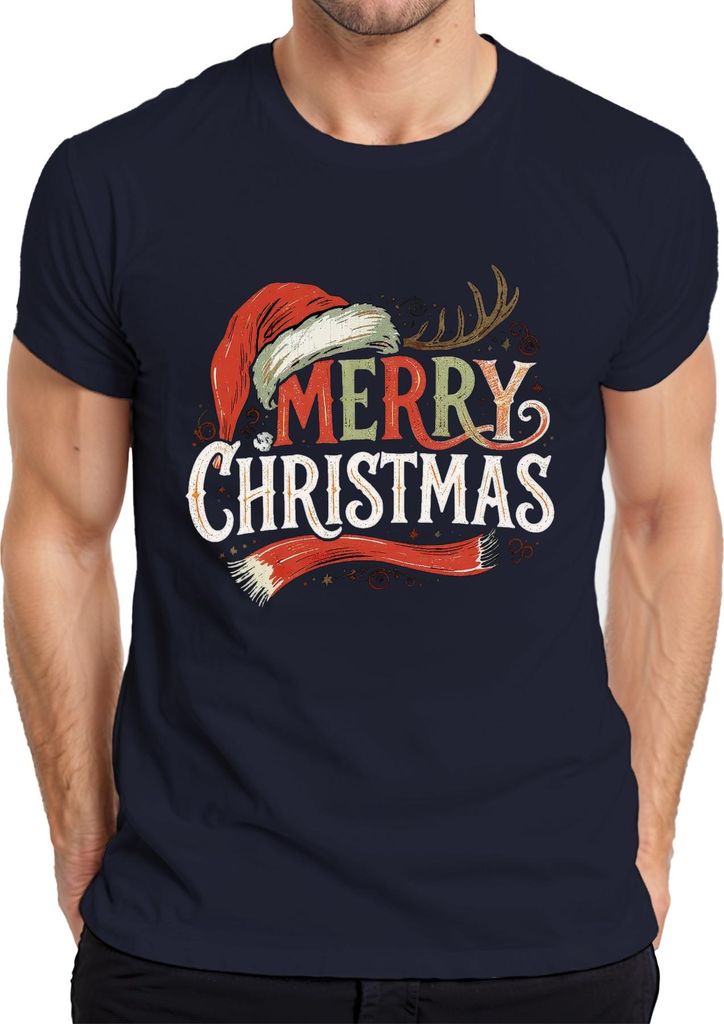 MERRY CHRISTMAS Weihnachtsmütze Rentier Vintage Retro Weihnachten Herren T-Shirt, Navy, S
