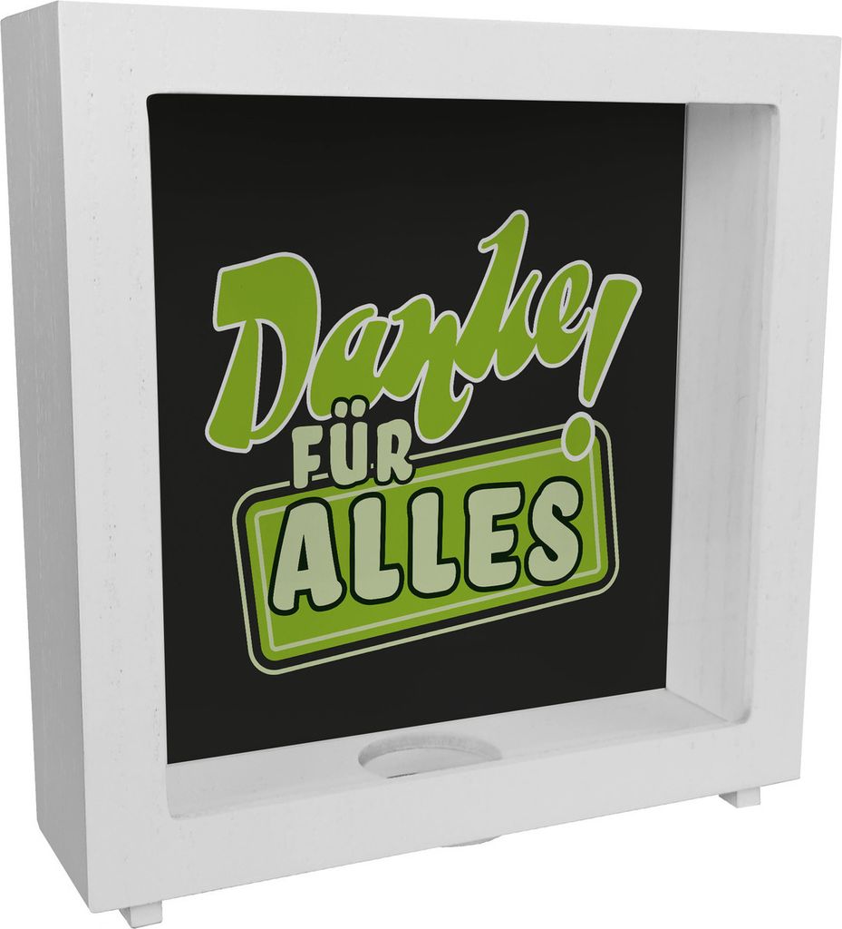 Rahmen Spardose aus Holz in Grün zum Thema Dankbarkeit - Danke für Alles!