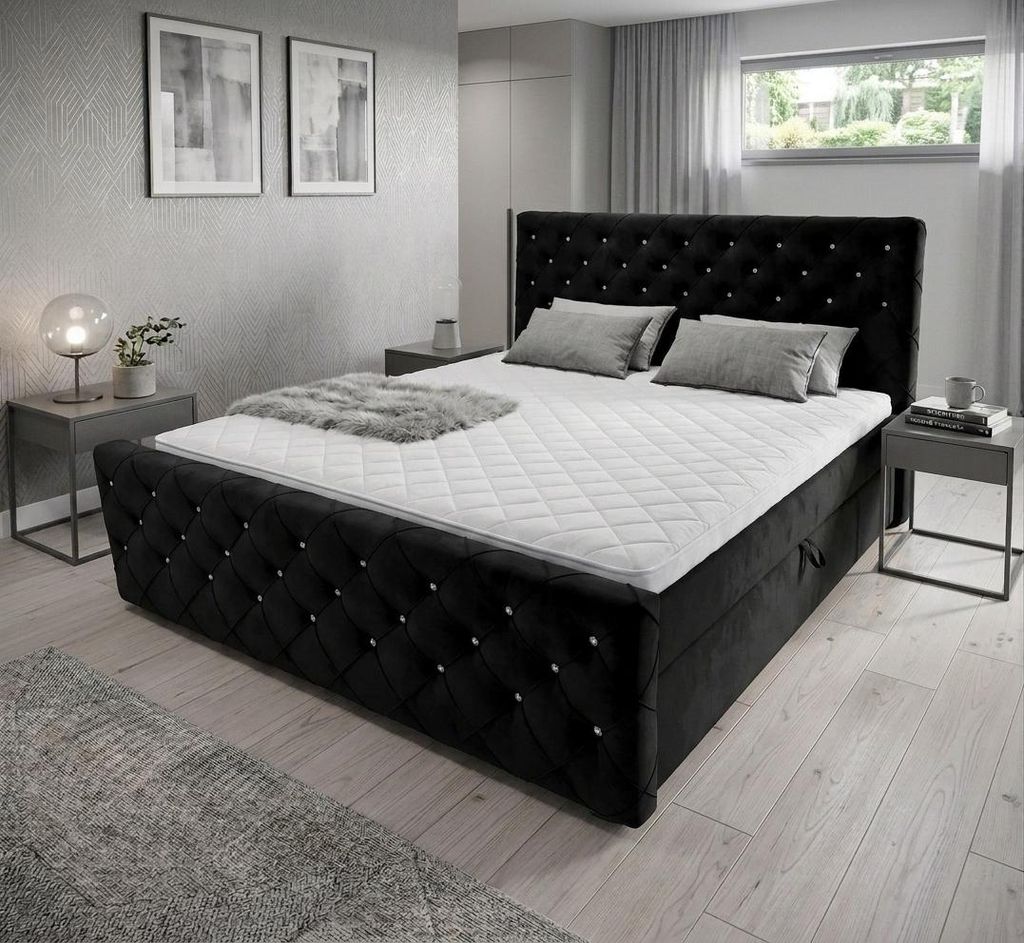 Boxspringbett mit kristallen CARMEN II 140x 200cm Amor Velvet 22 Schwarz Bett mit zwei Bettkästen und H3 Matratze,Komplett-Set mit Matratze und To...