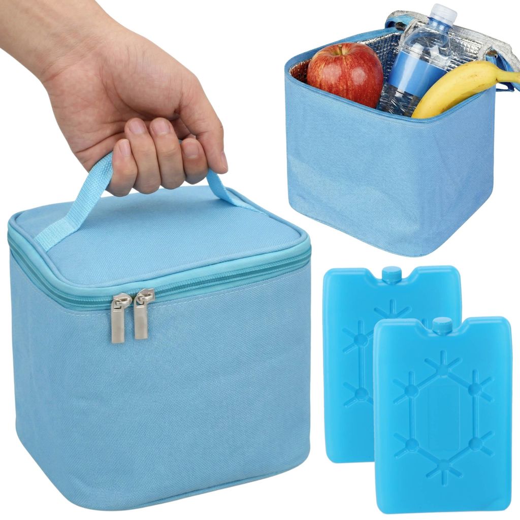 Blaue Kühltasche, 4 l, 17 x 17 x 15 cm, mit zwei Kühlakkus, isolierte Lunchbox / Brotdose