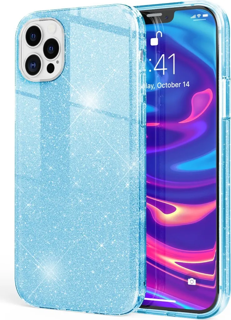 NALIA Glitter Custodia per iPhone 12 Pro Max, Bling Case Glitter Cover Bumper Blu