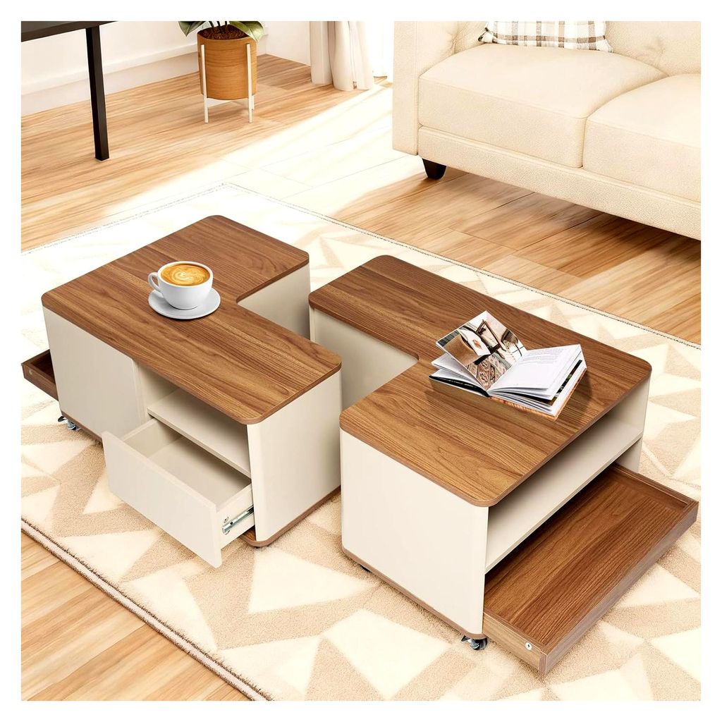 Couchtisch mit Rollen, Wohnzimmertisch aus Holz mit 2 Schubladen, modulare Couchtische, Kaffeetisch, Beistelltisch mit Rollen für das Wohnzimmer u...