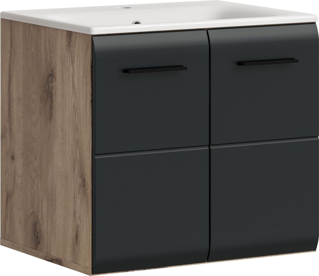 Waschtisch-Set >Ice< in Nox Oak / Schwarz - 60x55x46cm (BxHxT)