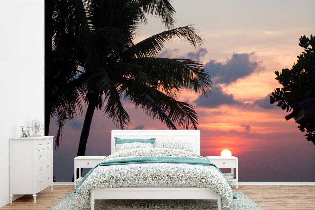 MuchoWow Fototapete für Wohnzimmer oder Schlafzimmer Wandtapete Vinyl Motivtapete Tropisch - Palme - Sonne - 360x240 cm - Vinyl-Tapete