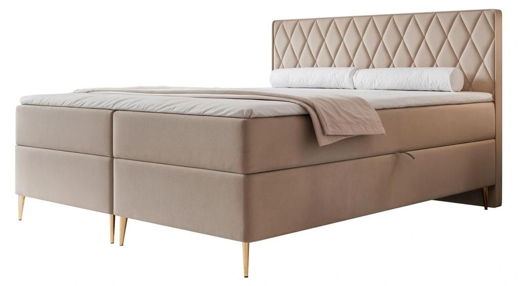 Boxspringbett PONTI II 160x200 Rautensteppung Bettkasten Bonellmatratze Samt Warmes Beige