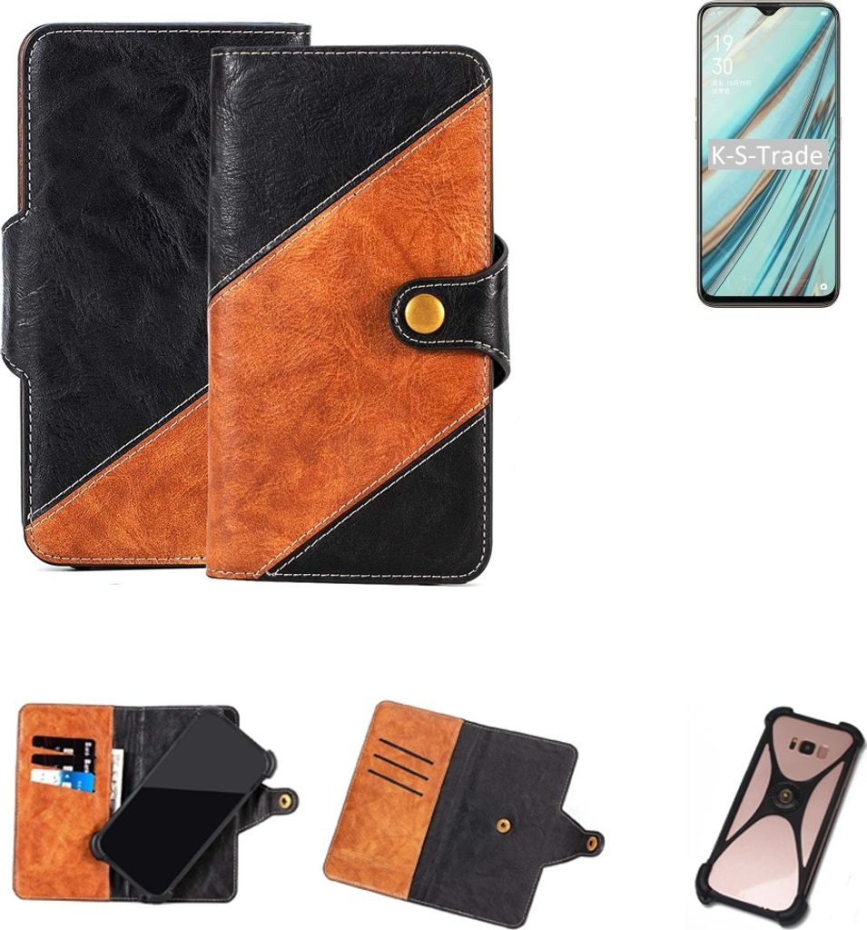 K-S-Trade Handyhülle Schutzhülle Bookstyle Case Wallet-Case kompatibel mit Oppo A9 Handy Cover Bumper Klapphülle schwarz hellbraun 1x