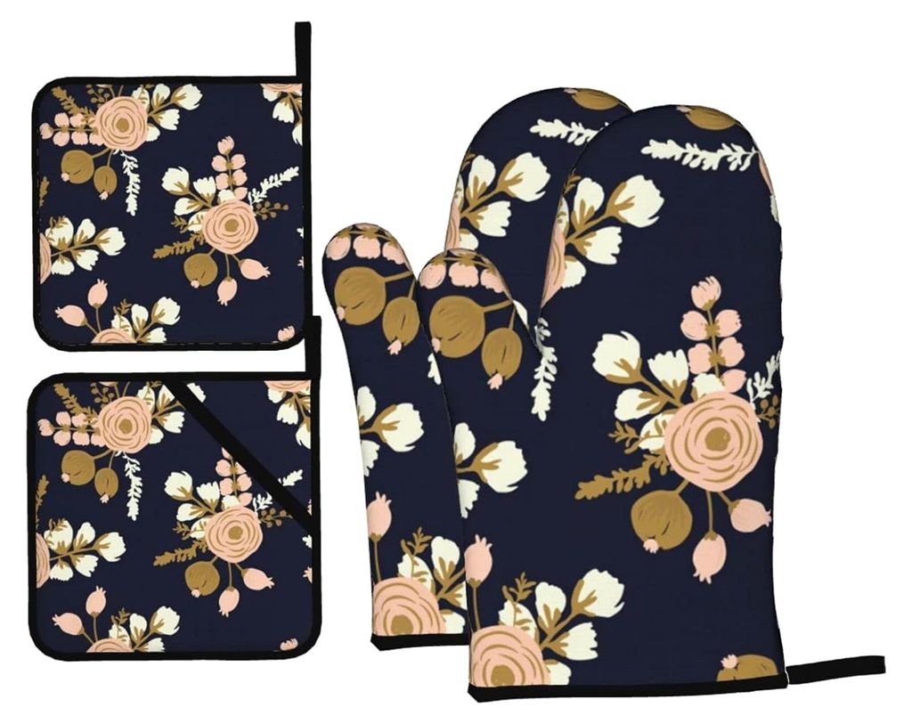 Ofenhandschuhe und Topflappen-Set, hitzebeständig, rutschfest, 4 Stück, Blumenmuster