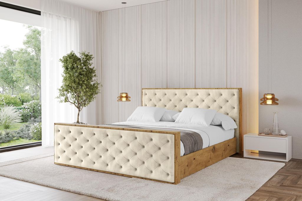 ALTDECOR Polsterbett mit Bettkasten - ENZO3-Z - 200x200 Beige- Bett mit Kopfteil und Fußteil, Boxbett ohne Matratze, Doppelbett mit Stauraum
