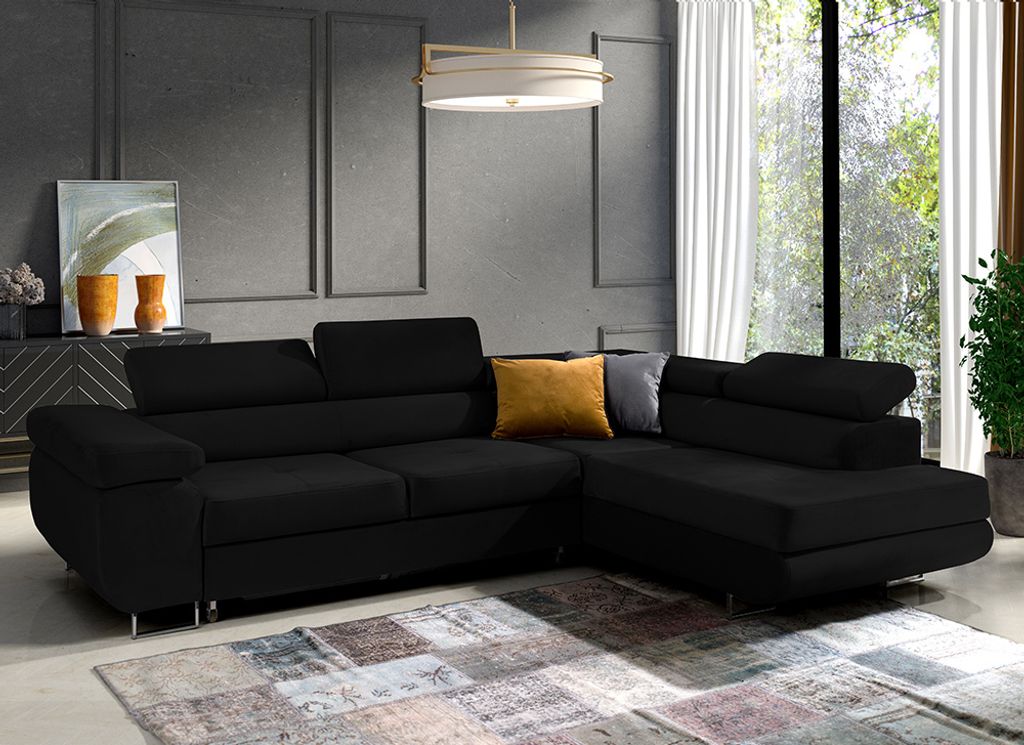 Ecksofa in L-Form "Mediolan", L-förmige Eckcouch mit Schlaffunktion, ausziehbares Sofa, 1 Bettzeugbehälter, verstellbare Kopfstützen, (Kronos 07)