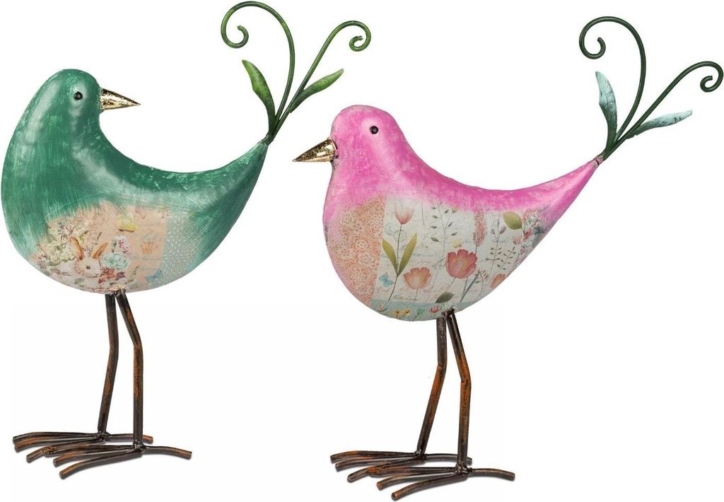 2er Set Dekofiguren Vögel grün + pink H. 33cm aus Metall Formano S26